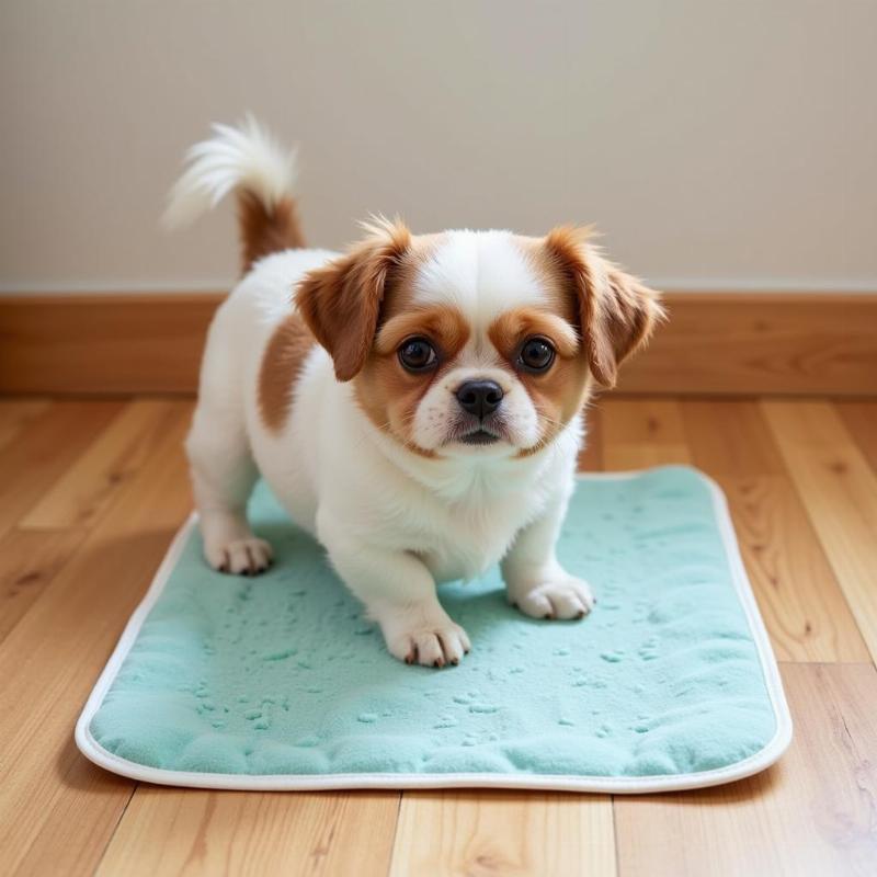 A small dog using a potty pad indoors.