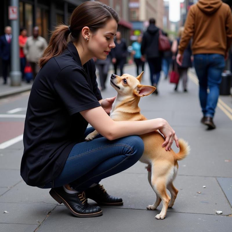 An anxious dog standing between its owner's legs