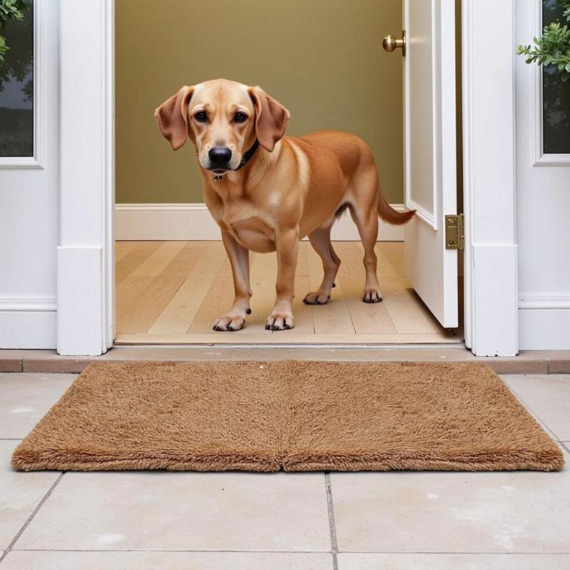 A dog standing on a mud-preventing mat