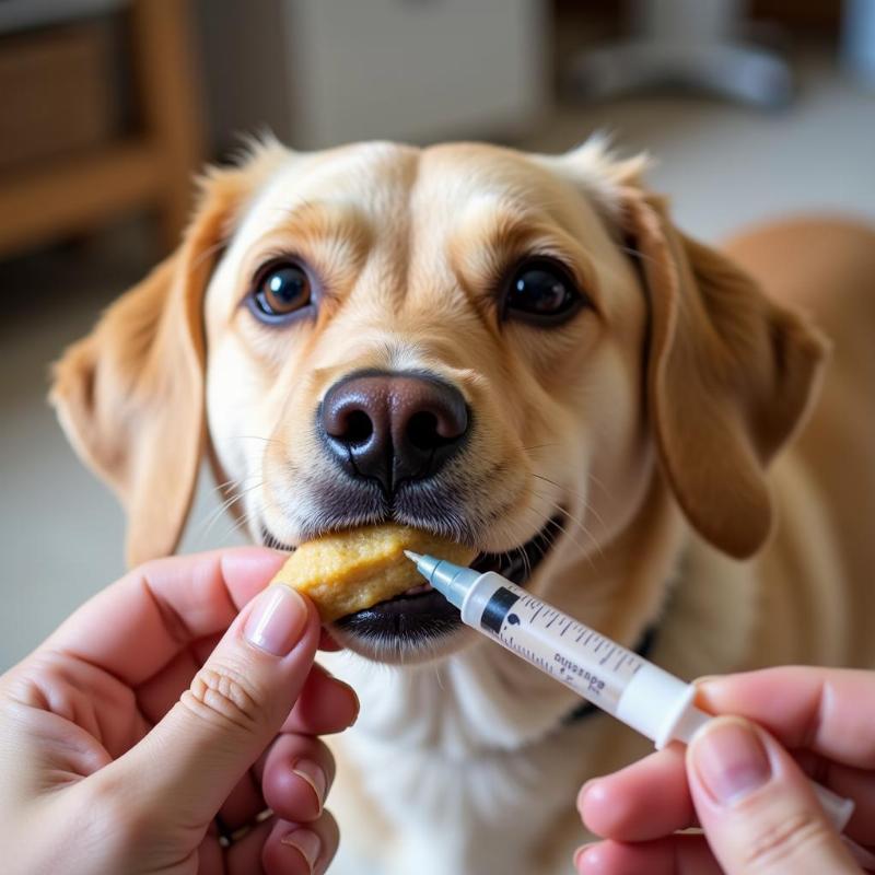 Dog being syringe-fed