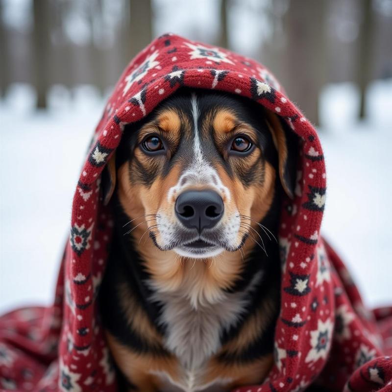 Dog wrapped in a blanket during cold weather