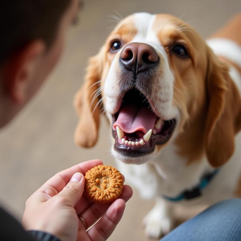 Dog receiving a treat