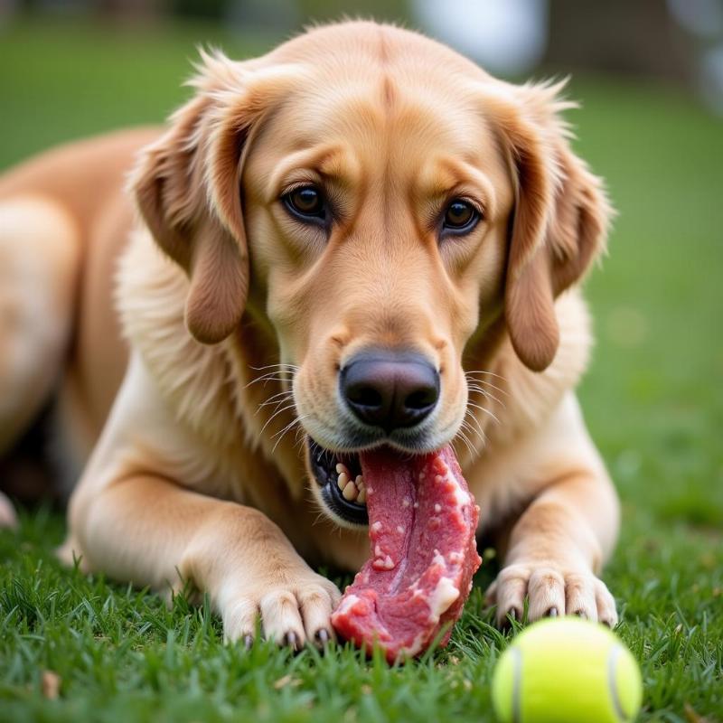 Dog chewing a beef knee cap