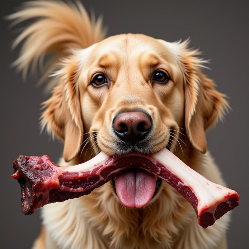 A dog gnawing on a beef rib bone