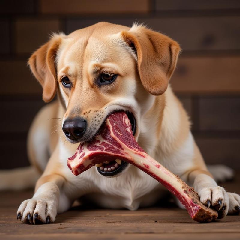 Dog chewing on beef rib bone