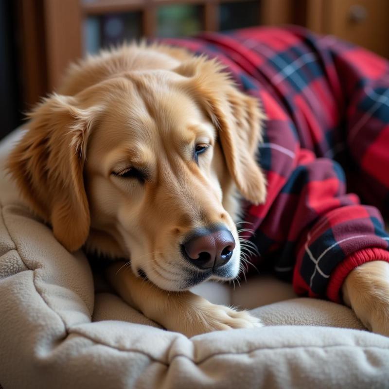 Large dog sleeping peacefully in pajamas