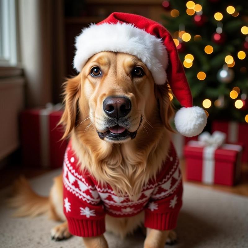 Dog wearing Christmas outfit for a holiday photo shoot