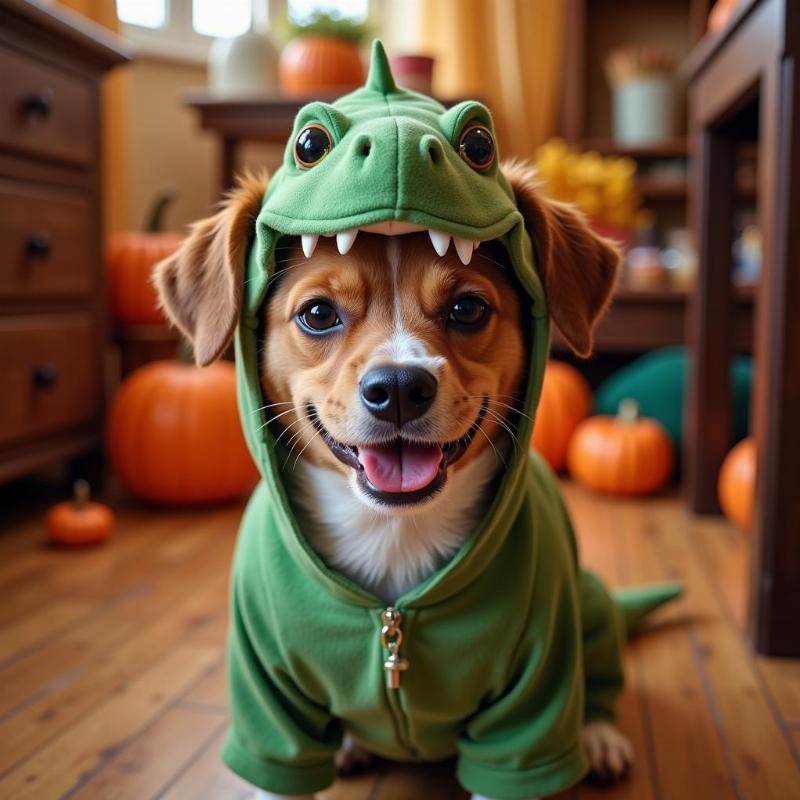 Dog wearing a dinosaur costume during Halloween