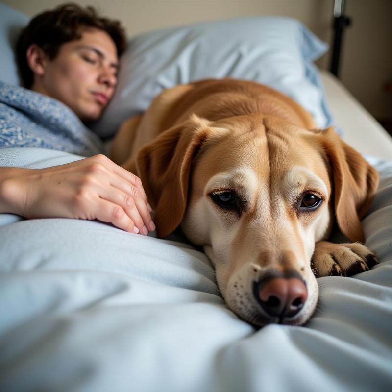 Dog lying next to its owner who is undergoing cancer treatment