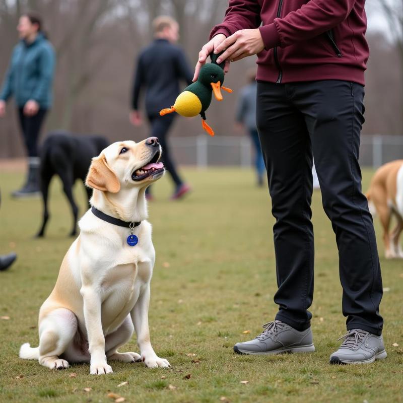 Dog sitting attentively during training session