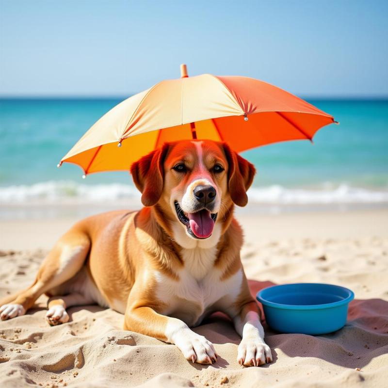 Dog relaxing under an umbrella on Hilton Head Beach