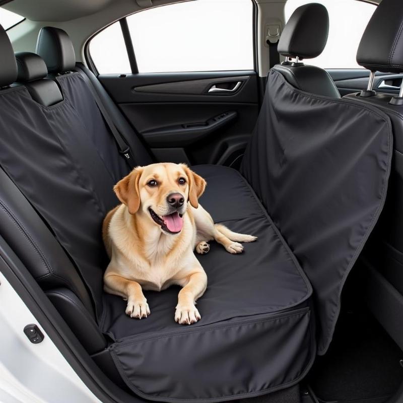 Dog sitting on car seat cover