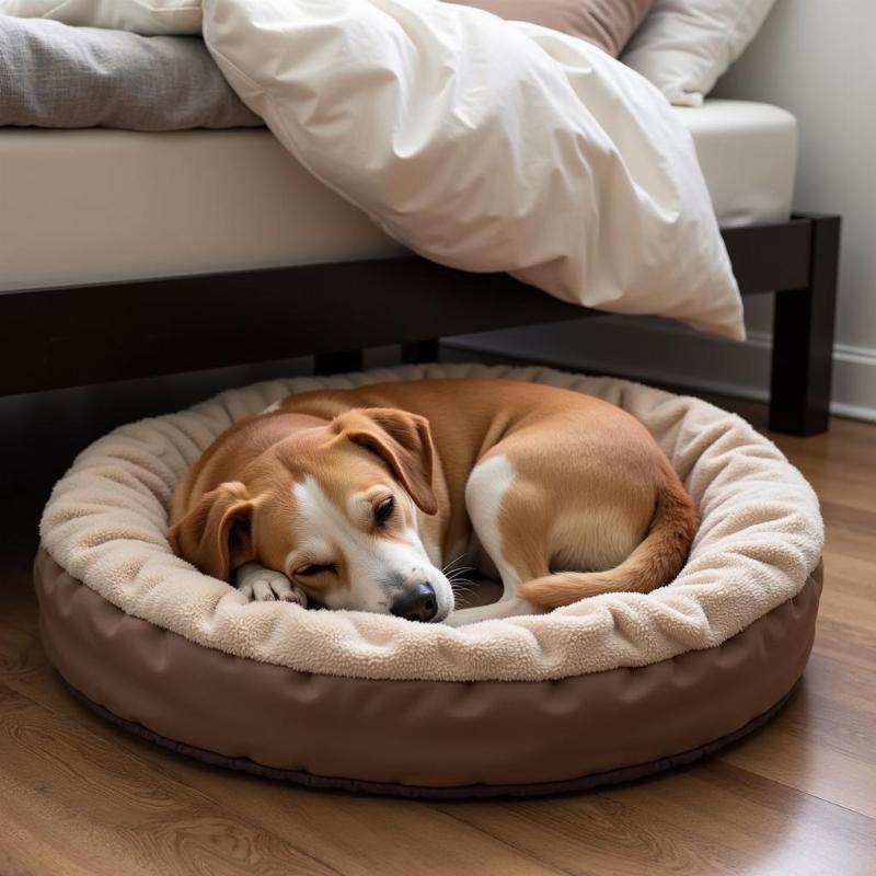 Dog sleeping in its own bed