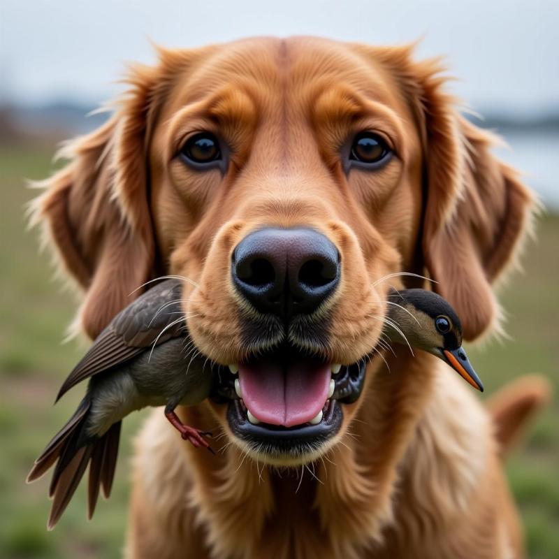 Dog holding a bird in its mouth