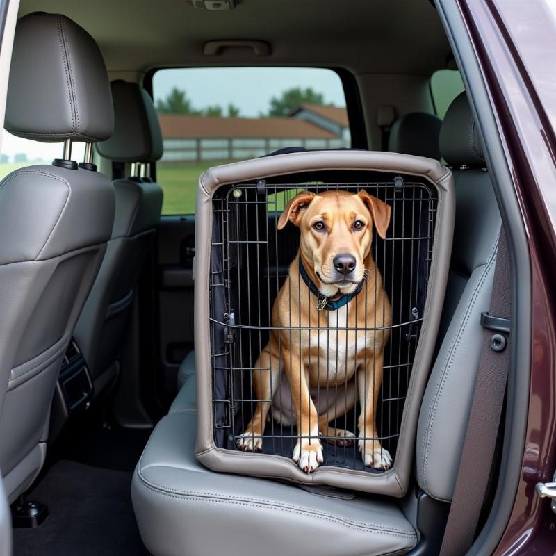 Dog in Crate in Truck Back Seat