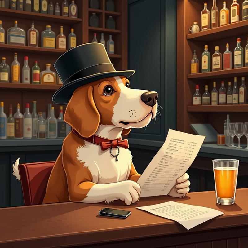 A dog sitting at the bar counter, wearing a small hat and looking at a menu.