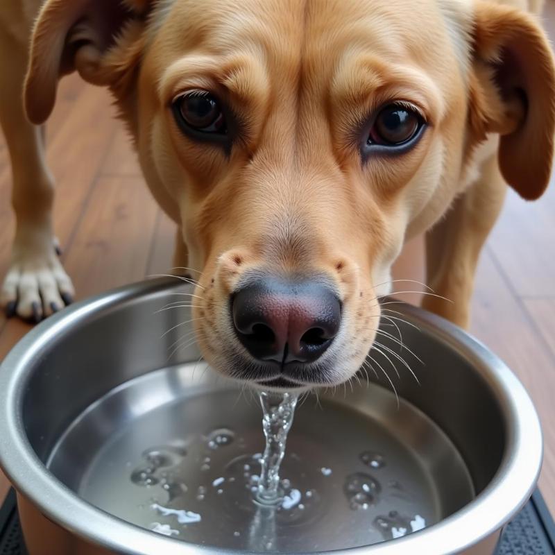 A dog drinking hydrogen water from a bowl