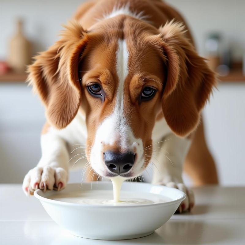 Dog drinking fresh milk