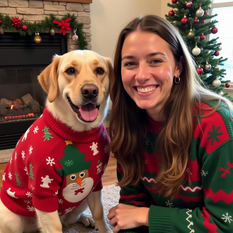 Dog and Owner in Matching Christmas Sweaters