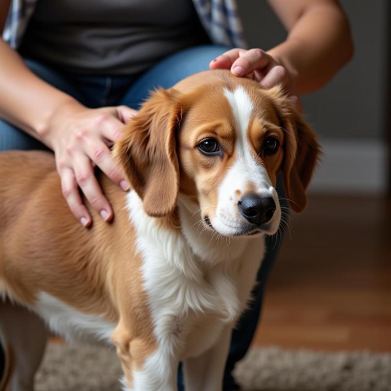 Owner comforting a scared dog