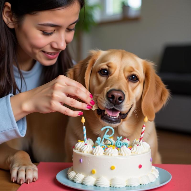 Dog owner giving their dog a birthday cake