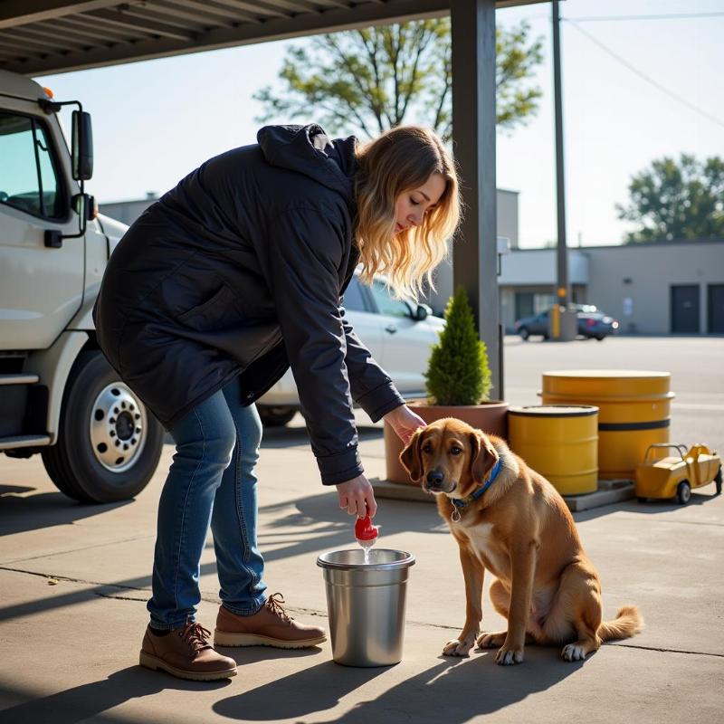 Dog owner filling water bowl at truck stop