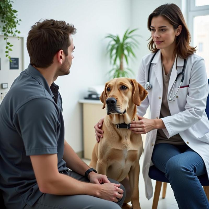 Dog owner talking to a vet