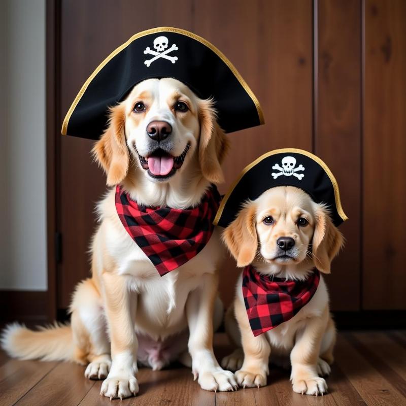 A large dog and a small dog in matching themed costumes