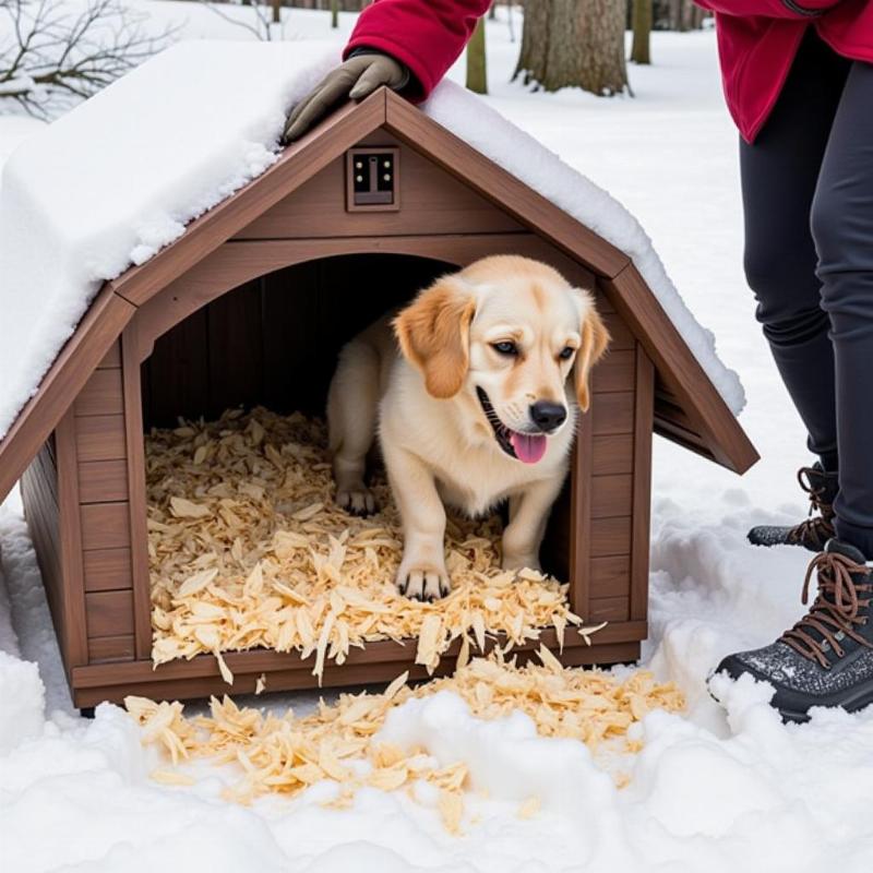 A dog owner adding pine shavings to a dog house during winter