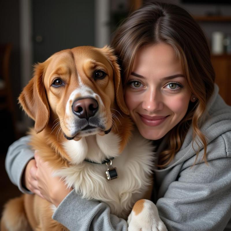 Owner hugging dog