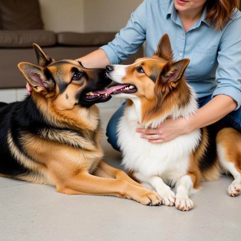 Owner petting two female dogs