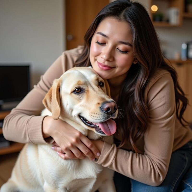 Owner and dog hugging