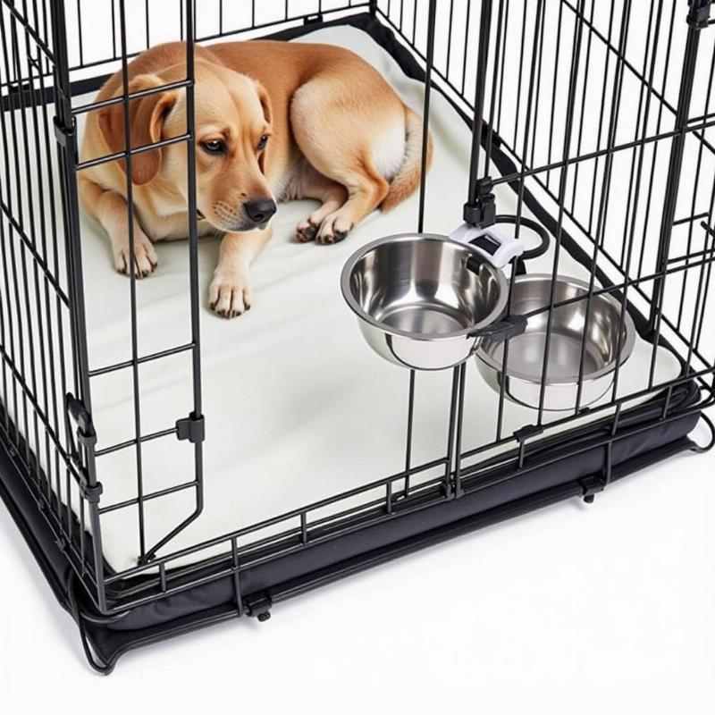 A Clean Dog Crate with a Clip-on Water Bowl