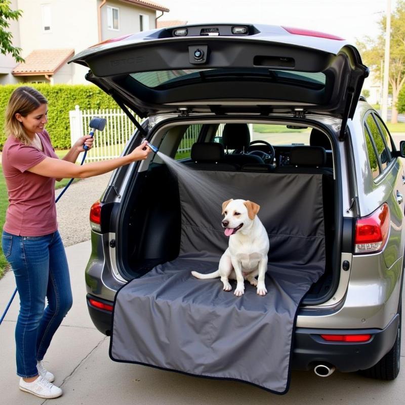 Cleaning an SUV trunk cover easily with a hose and brush.