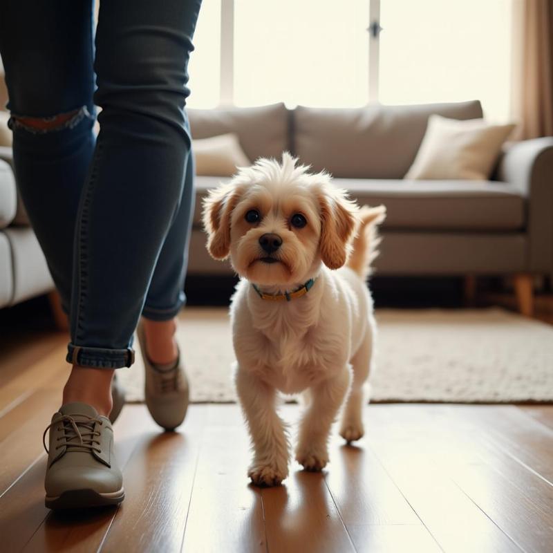 Clingy dog follows its owner everywhere around the house.