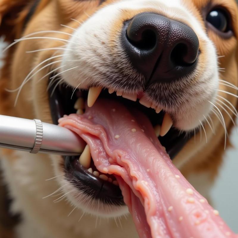 Close-up of a dog's teeth gripping a raw turkey neck