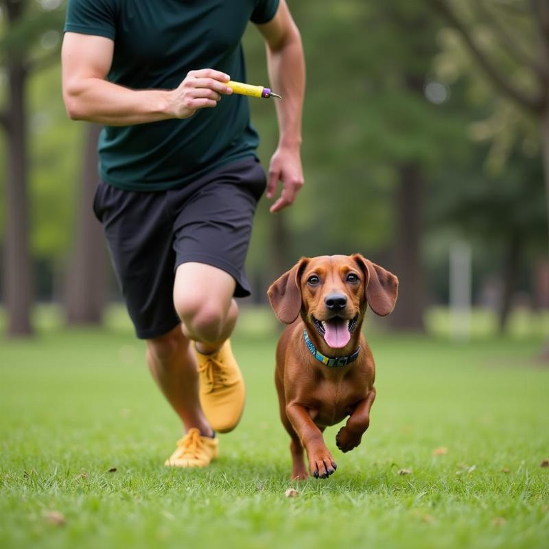 A dachshund practicing for a race with its owner in a park in Houston