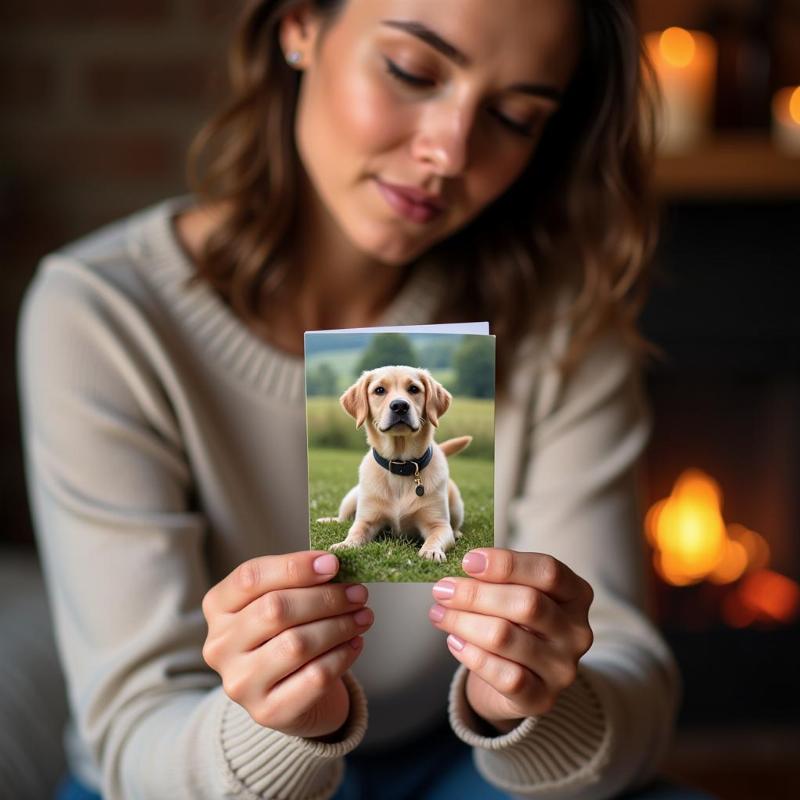 Death of a Dog Sympathy Card: A woman holds a sympathy card with a picture of a dog on it, offering comfort and support.