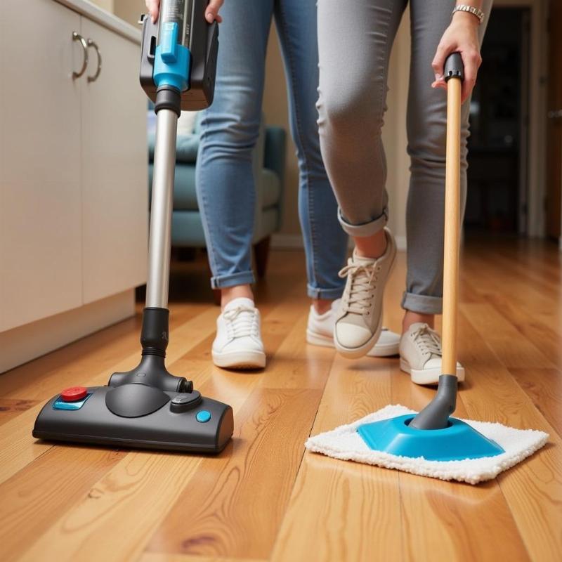 Deep Cleaning Hardwood Floor with Vacuum and Mop