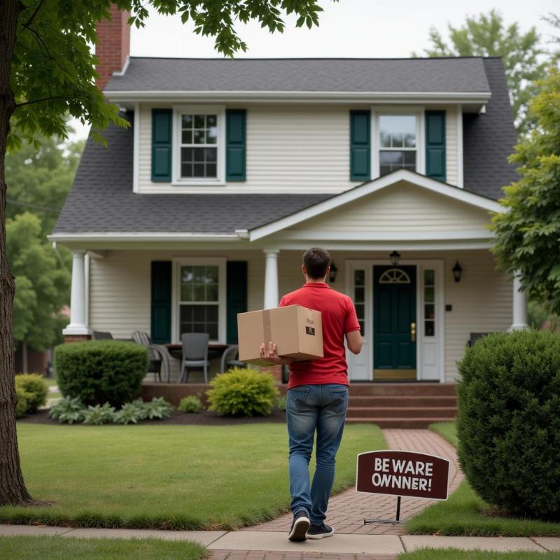 Delivery driver approaching house with beware of owner sign