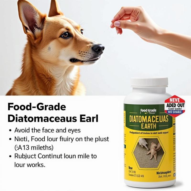 Using diatomaceous earth for flea control on dogs. Shows the powder being applied and precautions.