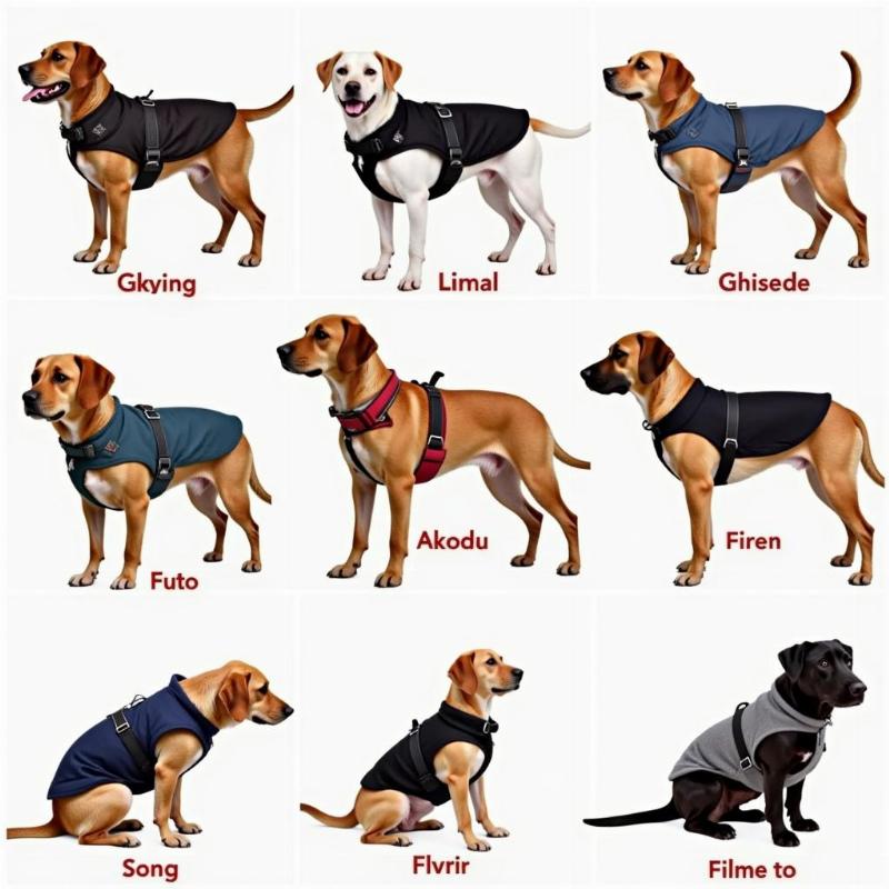 Different breeds wearing harness coats