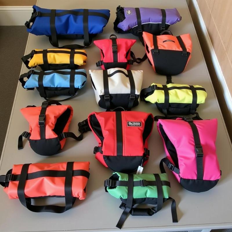 Different sizes of dog life jackets displayed