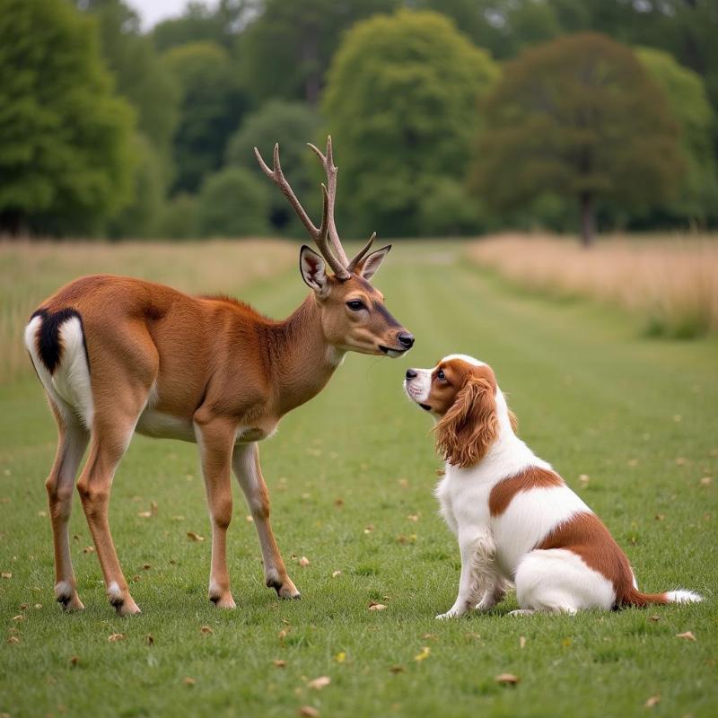 Dog and deer peaceful coexistence