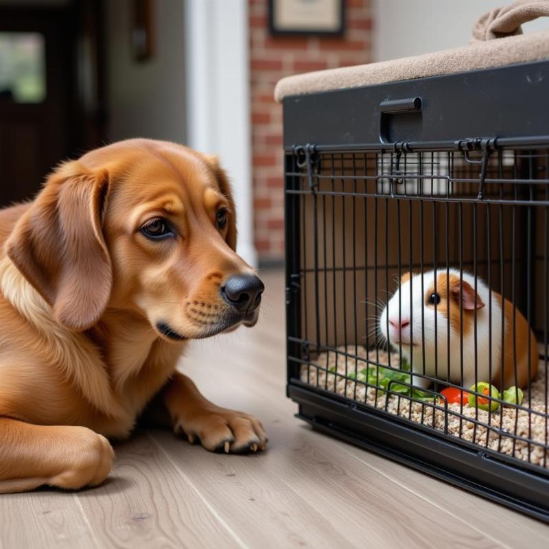 A dog and guinea pig separated by a cage