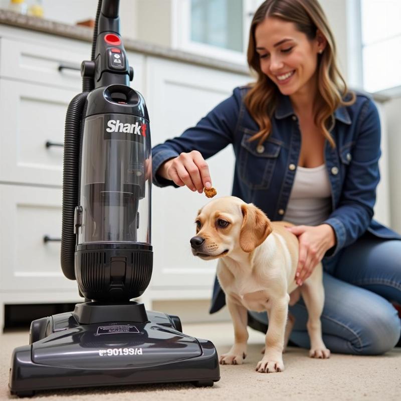 A dog being introduced to a Shark vacuum