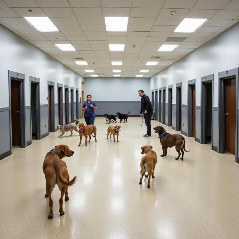 Dogs playing in a boarding kennel play area