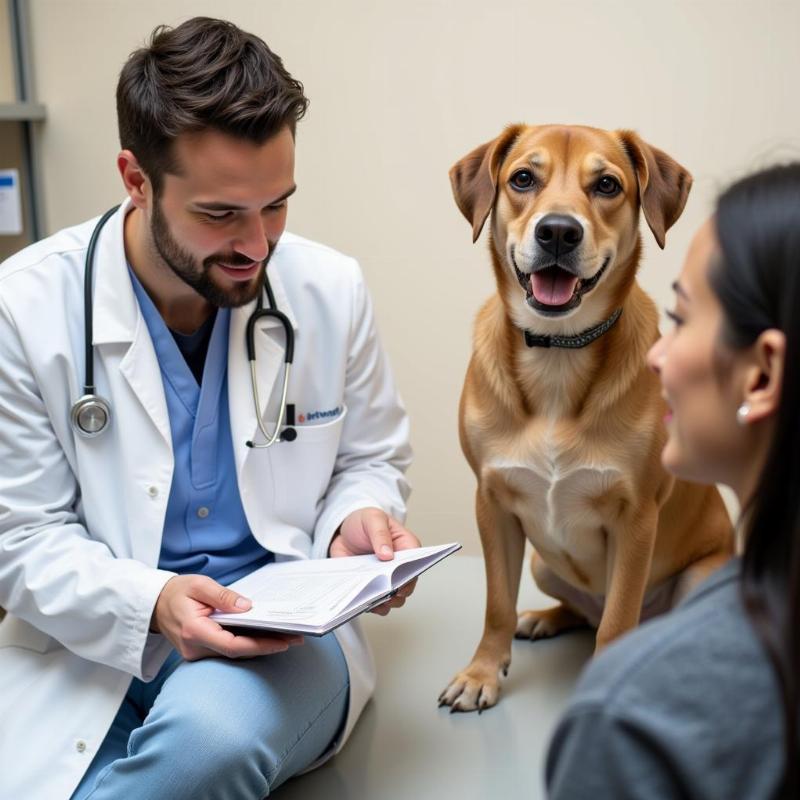 Veterinarian examining a dog's health records before boarding