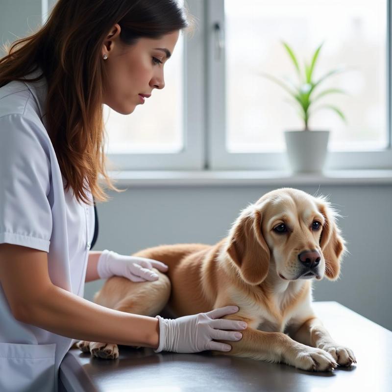 Veterinarian examining a dog that can't stand