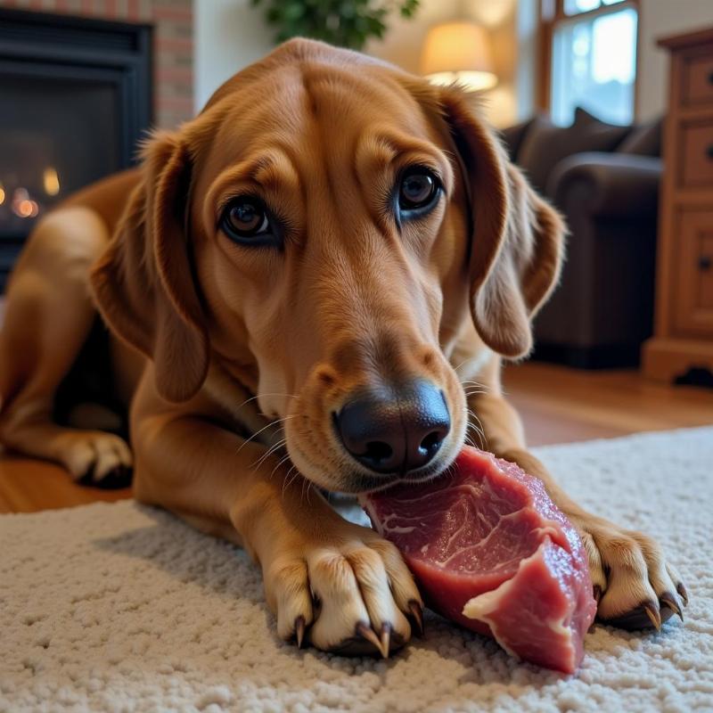 Dog safely chewing a beef cheek